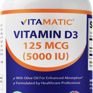Vitamatic Vitamin D3 5000 IU (125 mcg) – 500 Mini Softgels Olive Oil-Based Formula – Cold-Pressed – 500-Day Supply – Supports Bone, Muscle & Immune Health – Non-GMO & Gluten-Free