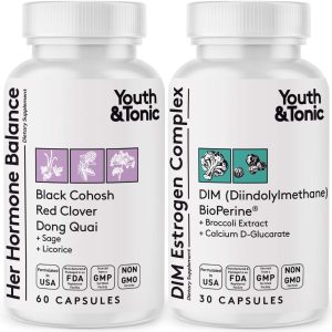 Youth & Tonic Menopause & PMS Support for Women Through Balanced Estrogen Metabolism – 90 Pills with DIM Black Cohosh Red Clover Dong Quai Soy Isoflavones