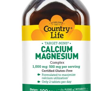 Country Life Target-Mins Calcium Magnesium Complex 1000mg/500mg, 180 Tablets, Certified Gluten Free, Certified Vegan, Certified Non-GMO Verified