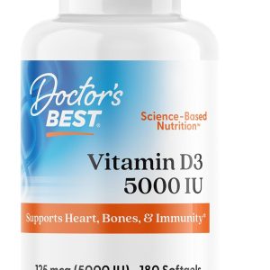 Doctor's Best Vitamin D3 5000IU, Non-GMO, Gluten & Soy Free, Regulates Immune Function, Supports Healthy Bones, White, No Flavour, 180 Count