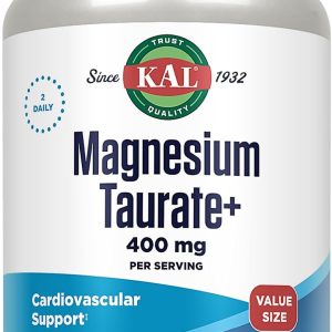 KAL Magnesium Taurate 400mg Plus Vitamin B6, Chelated Magnesium Supplement, High Absorption Magnesium Complex, Muscle and Heart Health Support, Vegan, Gluten Free, 60-Day Guarantee, 60 Serv, 120 Tabs