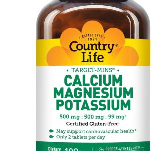 Country Life Target Mins - Calcium Magnesium Potassium Bone & Heart Health Supplement, 1000mg Calcium, 500mg Magnesium, Supports Calcium Utilization, 180 Tablets – Certified Gluten Free & Vegan