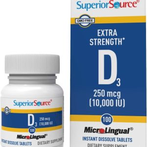 Superior Source Vitamin D3 10000 IU, Quick Dissolve MicroLingual Tablets, 100 Count, Helps Promote Strong Bones and Teeth, Immune Support, Helps Maintain Healthy Muscle Function, Non-GMO