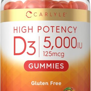 Carlyle Vitamin D3 Gummies | 5000 iu | 90 Count | Peach Flavored Gummy | High Potency for Adults | Vegetarian, Non-GMO, Gluten Free Supplement