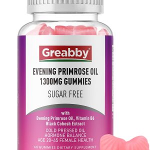 Evening Primrose Oil Gummies for Women, 1300mg with Black Cohosh & Vitamin B6, Sugar-Free, PMS Relief Supplements for Women 20-45, Support Skin Health, Strawberry Flavor, Vegan, Pectin, 60 Count