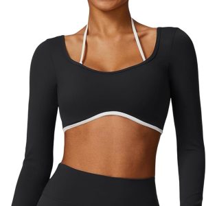 ABOCIW Womens Workout Crop Top Halter Long Sleeve Sports Bra Low Medium Impact Yoga Top T Shirts with Built in Bra