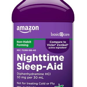 Amazon Basic Care Night Time Sleep-Aid Liquid for Adults, Diphenhydramine HCl 50 mg, Mixed Berry Flavor, Packaging May Vary, 12 fl oz (Pack of 1)