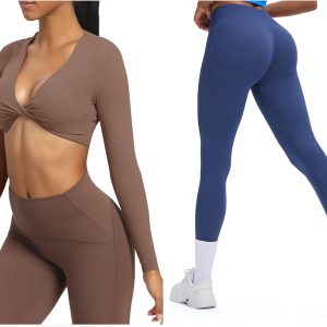 Aoxjox Women's Sienna Twist Deep V Workout Crop T Shirt Top (Fudge Coffee, Large) & Impact Seamless Hidden Scrunch Butt Lifting Low Waist Yoga Pants (Navy, Large)