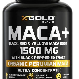 X Gold Health Organic Maca Root Powder Capsules 1500mg with Black | Red & Yellow Peruvian Maca Root Extract Gelatinized, Energy & Mood Supplement for Men & Women + Black Pepper for Best Benefits