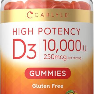 Carlyle Vitamin D3 10000iu Gummies for Adults | 80 Count | Peach Flavored Gummy | High Potency for Women & Men | Vegetarian, Non-GMO, Gluten Free Supplement