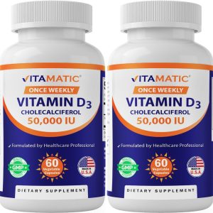 Vitamatic 2 Pack Vitamin D3 50,000 IU (as Cholecalciferol), Once Weekly Dose, 1250 mcg, 60 Veggie Capsules 1 Year Supply, Progressive Formula Helping Vitamin D Deficiencies (Total 120 Veg Capsules)