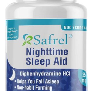 Safrel Nighttime Sleep Aid, Diphenhydramine HCl 25mg | Strong Non Habit-Forming Restful Sleeping Support for Men & Women | Fall Asleep Faster & Wake up Refreshed (100 Count (Pack of 1), 100, Count)