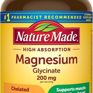 Nature Made Magnesium Glycinate 200 mg per Serving, Magnesium Supplement for Muscle, Heart, Nerve and Bone Support, 60 Magnesium Bisglycinate Capsules, 30 Day Supply