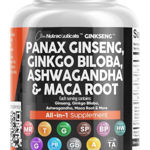 Clean Nutraceuticals Panax Ginseng Ginkgo Biloba Ashwagandha Maca Root - Focus Supplement Pills for Women and Men with Pine Bark Extract, Garlic, and Saw Palmetto - 60 Caps