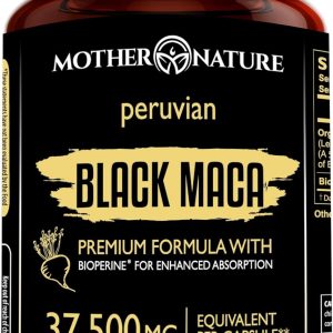 Mother Nature 37,500mg 50x Strength Organic High-Potency Peruvian Black Maca Root Capsules for Men 100% Pure Maca Peruana 50:1 Extract to Boost Stamina, Enegy, Muscle Gain - 60ct