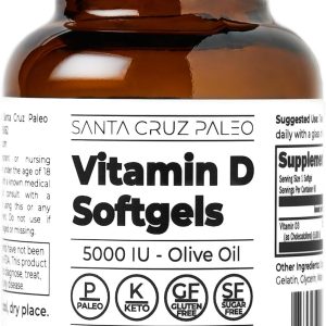 Santa Cruz Paleo Vitamin D Supplement, Bone Health & Immune Support, 5000 i.u. Per Softgel, Gluten Free, Keto, Sugar Free, Paleo, Vitamin D3, Olive Oil for Absorption, Natural Ingredients, 60 Softgels