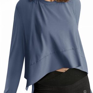 UEU Women's Crop Tops for Yoga Workout Athletic, Ice Cool Feeling Long Sleeves Shirts, Flowy Split Side Slit Oversized