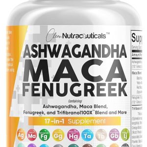 Clean Nutraceuticals Ashwagandha Maca Root Fenugreek Supplement with Tongkat Ali Ginseng - Assists with Stress, Mood & Thyroid - Ashwagandha Capsules Fenugreek Caps - 1 Pack