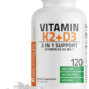 Bronson Vitamin K2 (MK7) with D3 Supplement Non-GMO Formula 5000 IU Vitamin D3 & 90 mcg K2 MK-7 Easy to Swallow D & K Complex, 120 Capsules