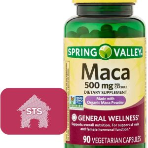 Spring Valley Maca Root 500mg Capsules, Organic Maca Root for Women and Men + STS Sticker.