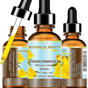 Botanical Beauty EVENING PRIMROSE OIL 100% Pure Natural Undiluted Unrefined Virgin Cold Pressed Carrier Oil. 4 Fl.oz.- 120 ml for face, skin, hair, nails. Rich in essential fatty acids GLA