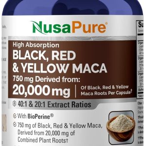 NusaPure Maca Root Black, Red, Yellow 20,000mg - 180 Vegan Capsules (Vegan,Non-GMO, Gluten Free) Bioperine