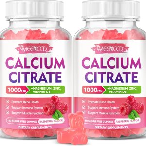 2 Pack Calcium Citrate Gummies 1000mg w/Vitamin D3, High Absorption Calcium Gummies for Women & Men, Plus Magnesium, Potassium, Zinc for Muscle & Immune, Raspberry Flavor, 120 Count