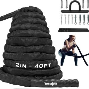 Yes4All Battle Ropes, Workout Rope with Cover, Steel Anchor & Strap Included, Heavy Ropes for Exercise Training - 1.5/2 Inch Diameter, 30, 40, 50 Ft Length