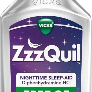 ZzzQuil, Nighttime Sleep Aid Liquid, FREE OF Alcohol & Artificial Dyes, 50 mg Diphenhydramine HCl, No.1 Sleep Aid Brand, Fall Asleep Fast, Non-Habit Forming, Soothing Berry Flavor, 12 FL OZ