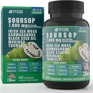 Soursop Graviola Supplement with Sea Moss, Moringa, Turmeric, Black Seed Oil, Oregano, Ashwagandha | 20-in-One Herbal extracts for Overall Health-Enhancing | Vegan, Non-GMO | 60 Capsules