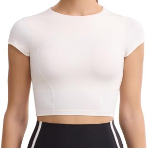 Workout Crop Tops for Women Yoga Short Sleeve Mild Support Slim Fit Cropped Athletic Shirts Gym Tee Built in Bra
