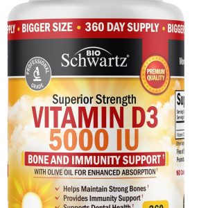 Vitamin D3 5000 IU (125 mcg) Natural Immune Support Supplement, Bone Strength, Healthy Muscle Function, with Olive Oil for Highest Absorption, Gluten Free & Non-GMO, 1 Year Supply, 360 Softgels