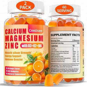 Calcium Magnesium Zinc Gummies with D3 &B6 &K2,1000mg Calcium Gummies with 300mg Magnesium Support Immune Energy for Adults and Teens,Sugar Free (Pack of 2)