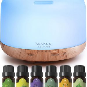 ASAKUKI Oil Diffuser with Essential Oils Set, 500ml Aromatherapy Humidifier with 14 LED Colors & Auto Shut-Off - 6 Oil Gift Pack(Lavender Eucalyptus Tea Tree Orange Peppermint Lemongrass)