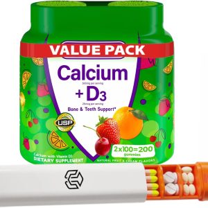 Calcium + D3 Vitamins Gummies 200 Count, Bone and Teeth Support Bundled with Weekly (7 Day) Portable Pill Organizer