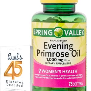 Spring Valley Evening Primrose Oil Women's Health Dietary Supplement Softgels, 1000 mg, 75 Count, Softgels, Evening Primrose Oil Capsules 1000mg Bundle with LualL's 45 Diabetes Decoded