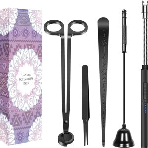 5 in 1 Candle Accessory Set,Candle Wick Trimmer Cutter,Candle Wick Dipper,Candle Wick Snuffer,Rechargeable Candle Lighter,Tweezers,Stainless Steel Candle Care Kit Home Gift for Aromatherapy(Black)