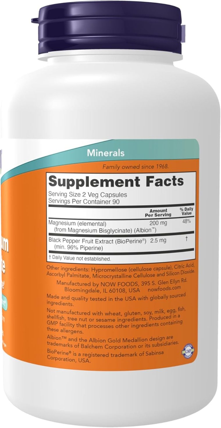 NOW Supplements, Magnesium Glycinate with BioPerine, 180 Veg Capsules - Image 2
