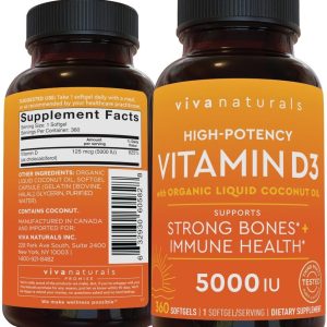 Viva Naturals Vitamin D3 5000 IU Softgels - 360 Count 125 mcg Softgel, Essential D3 Vitamin, Supports Bone Health, Immune Support, Premium Vitamin D, High Potency Vitamin D 5000 IU