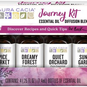 Aura Cacia Journey Essential Diffusion Oils Kit, 4-Pack, Spice Market, Dreamy Forest, Quiet Orchard & Sunny Garden Pure Oils