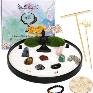 Zen Garden for Desk Tabletop Chakra Zen Healing Gifts Sand Tray Therapy Kit Set Japanese Decoration Crystal Quartz Rock Mini Garden Home Office Stress Relief Spiritual Decor Healing Gifts for Yoga