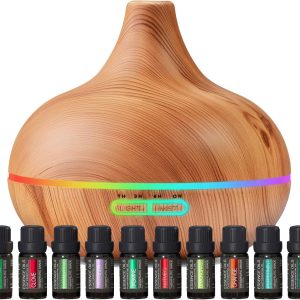 Ultimate Aromatherapy Diffuser & Essential Oil Set - Ultrasonic Top 10 Oils Modern with 4 Timer 7 Ambient Light Settings Therapeutic Grade Lavender