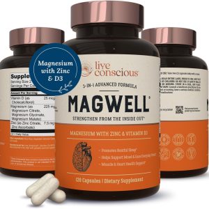 Live Conscious Magwell Magnesium Zinc & Vitamin D3 - Magnesium Glycinate, Malate, & Citrate - Triple Supplement for Women & Men - for Sleep, Bone, Heart, Immune Support - 120 Caps
