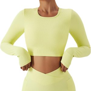 Chanllengym Women Backless Workout Crop T Shirt Top, Ribbed Long Sleeve Padded Sports Low Medium Impact Yoga Shirt