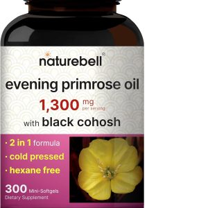 NatureBell Evening Primrose Oil with Black Cohosh, 1,300mg Per Serving, 300 Mini-Softgels | Cold Pressed Seeds, Retains 130mg GLA for Womens Health & Skin Care Support – Hexane Free, Non-GMO