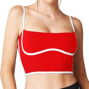 Move With You Sleeveless Spaghetti Strap Padded Sports Bra Tank Tops Square Neck Double Layer Workout Fitness Basic Crop Tops