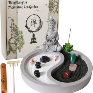 Mini Zen Garden Kit for-Desk - Yin Yang Crystal Sand Rock Garden with Zen Rake Buddha Statue Healing Stones White Sand, Japanese Meditation Gift Set for Home Office Desktop Fidget Toys