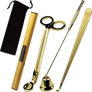 4 in 1 Candle Accessory Set, USB Rechargeable Lighter, Candle Wick Trimmer Cutter, Candle Snuffer & Candle Wick Dipper for Candle Aromatherapy Lover Gift, Stainless Steel Candle Care Kit (Golden)