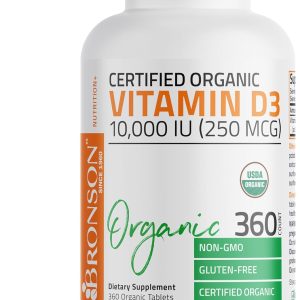 Bronson Vitamin D3 10,000 IU (250 mcg) Certified Organic High Potency Non-GMO Vitamin D Supplement, 360 Tablets