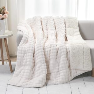Cottonblue Weighted Blanket 15lbs Bubble Faux Fur Plush Sherpa Weighted Blankets for Adults, Fits Queen Size Bed, Cute Fuzzy Warm Heavy Blanket for Calm and Better Sleep, 60"x80", Cream White